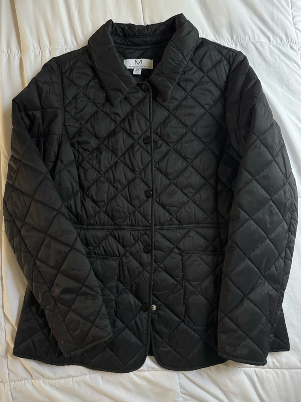Magaschoni Black Quilted Puffer Barn Jacket Style with Snap-Front Buttons